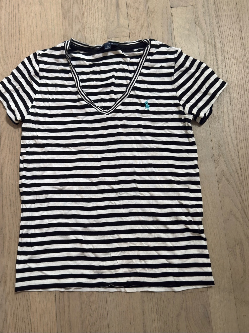 Ralph Lauren Black and White Striped V-Neck Short Sleeve Tee XL